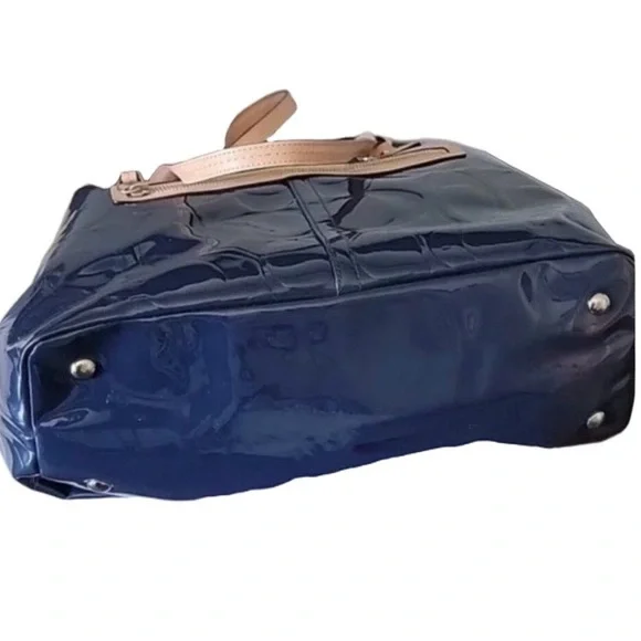 Coach F25487 Gallery Tote Patent Leather Navy Beige Trim Shoulder Bag Excellent - Picture 5 of 14